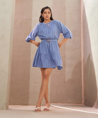 W Women A-line Light Blue, White Above Knee/Mid Thigh Length Dress