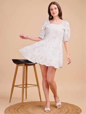 ARVILAS Women Fit and Flare White Above Knee/Mid Thigh Length Dress