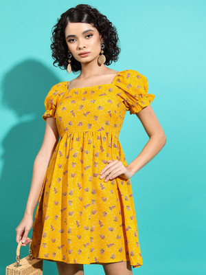 Vishudh Women A-line Yellow Above Knee/Mid Thigh Length Dress