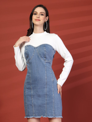 PLUSS Women Fit and Flare Blue, White Knee Length Dress