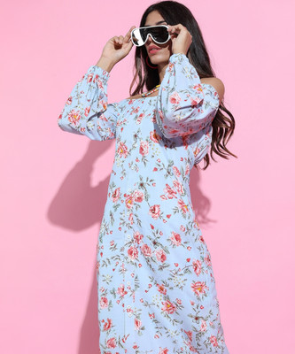 Tokyo Talkies Women Fit and Flare Light Blue Above Knee/Mid Thigh Length Dress