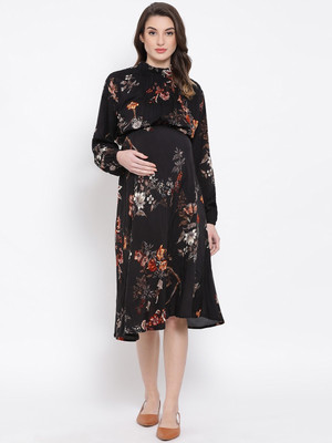 OXOLLOXO Women A-line Black Below Knee Dress