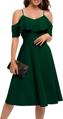C4D Women Fit and Flare Dark Green Midi/Calf Length Dress