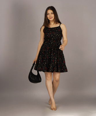 ASFEBRICS Women Skater Black Above Knee/Mid Thigh Length Dress