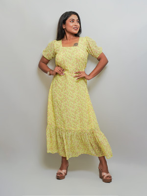 Ocyan Women Fit and Flare Light Green, Green, Pink Midi/Calf Length Dress