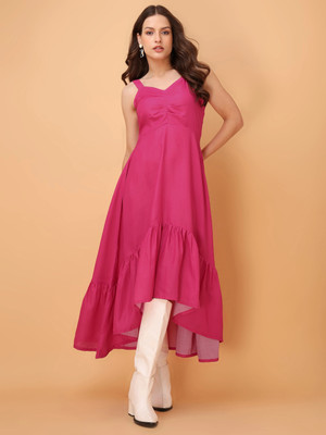 PURVAJA Women Fit and Flare Pink Midi/Calf Length Dress
