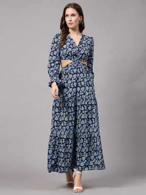 AAYU Women Fit and Flare Blue Maxi/Full Length Dress
