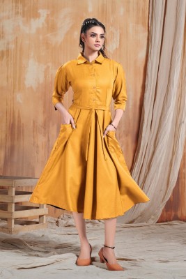 SANDMART Women Fit and Flare Yellow Dress