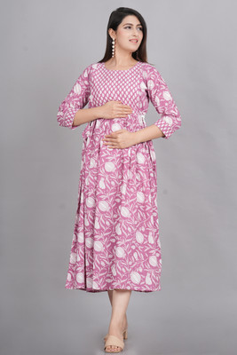 Shopaxis Women Fit and Flare Pink, White Midi/Calf Length Dress