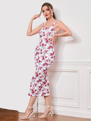 HouseOfCommon Women Bodycon White, Red, Light Blue Below Knee Dress