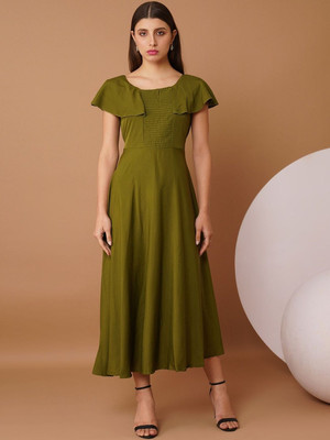 CHEMISTRY Women Fit and Flare Dark Green Midi/Calf Length Dress