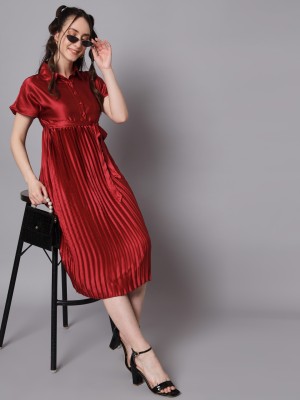 THE DRY STATE Women Pleated Maroon Dress