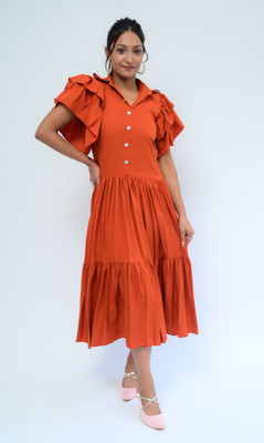 diyaz Women Fit and Flare Orange Midi/Calf Length Dress