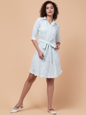 Hive91 Women A-line Light Green, White Dress