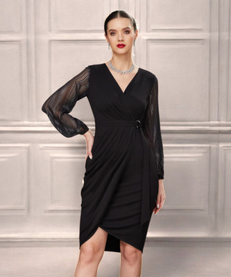 Miss Chase Women Gathered Black Maxi/Full Length Dress