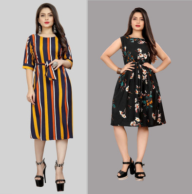 Hiral Creation Women Fit and Flare Multicolor Knee Length Dress