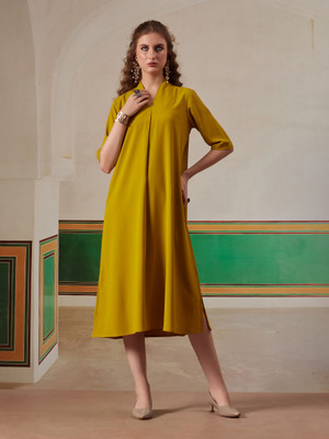 FITHUB Women A-line Yellow Midi/Calf Length Dress