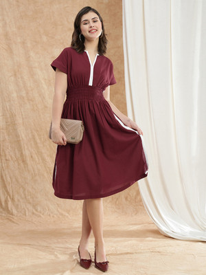 Globus Women Fit and Flare Maroon Midi/Calf Length Dress