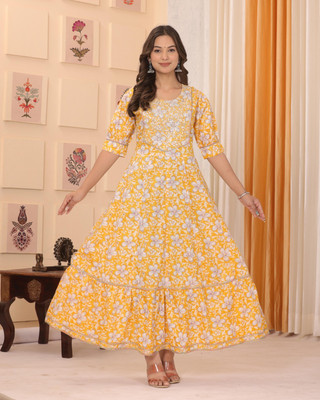 SHREE GOVINDAM TEXTILE Women Fit and Flare Yellow Maxi/Full Length Dress