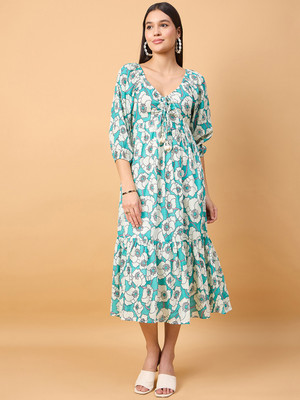 METRONAUT Women A-line Green Midi/Calf Length Dress