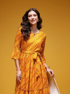 HERE&NOW Women A-line Yellow Midi/Calf Length Dress