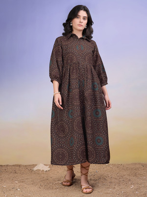 PURVAJA Women Fit and Flare Brown Midi/Calf Length Dress