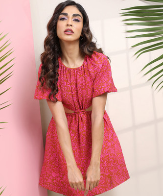 Tokyo Talkies Women Fit and Flare Pink Knee Length Dress