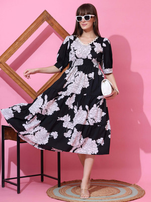 Honky Tonky Women Fit and Flare Black, White Midi/Calf Length Dress