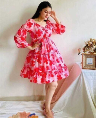 AMORE CREATION Women Fit and Flare Red Knee Length Dress