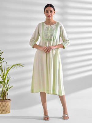 mokshi Women Ethnic Dress Light Green Midi/Calf Length Dress