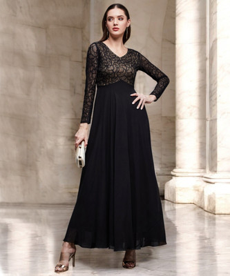 Miss Chase Women Fit and Flare Black Maxi/Full Length Dress