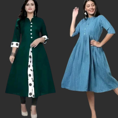Houseofcommonk Women Printed Anarkali Kurta(Green, Light Blue)
