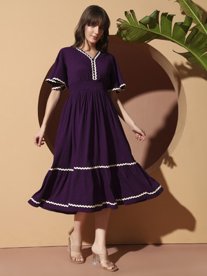 ZWERLON Women Fit and Flare Purple Midi/Calf Length Dress