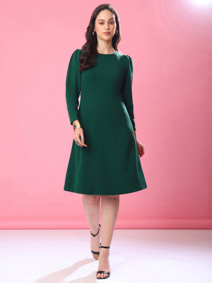 PURVAJA Women A-line Green Below Knee Dress