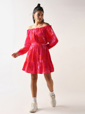 BEWAKOOF Women Fit and Flare Orange Above Knee/Mid Thigh Length Dress