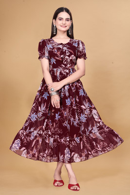 Rosasignora Women Ethnic Dress Maroon Knee Length Dress