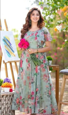 Herway Women Fit and Flare Green Maxi/Full Length Dress