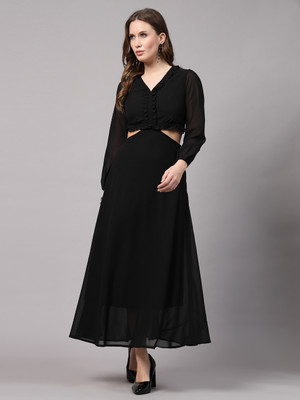 AAYU Women Fit and Flare Black Maxi/Full Length Dress