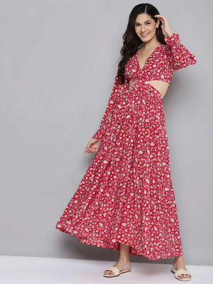 ZWERLON Women Fit and Flare Multicolor Maxi/Full Length Dress