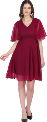 FIRST ARRIVAL Women A-line Purple Knee Length Dress
