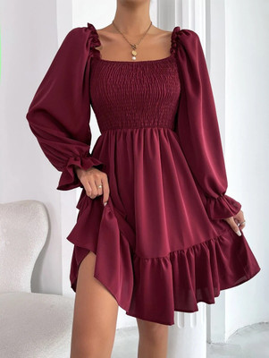VERMA CREATION Women Fit and Flare Maroon Above Knee/Mid Thigh Length Dress