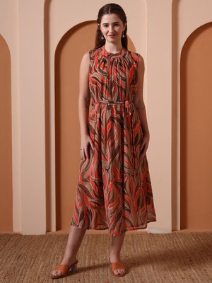 IKRASS Women A-line Brown Midi/Calf Length Dress
