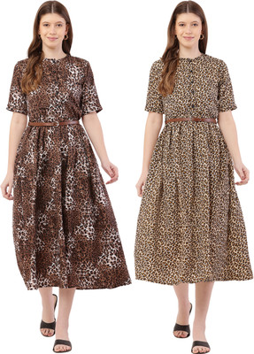 Mamnoon Women Fit and Flare Brown, Blue Midi/Calf Length Dress
