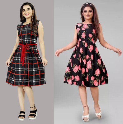 tanvi creation Women Fit and Flare Multicolor Knee Length Dress