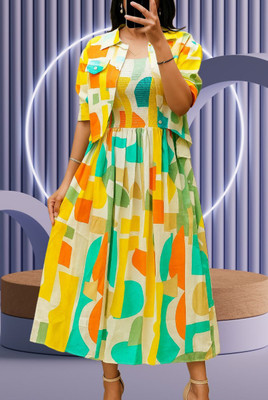 Avnienterprisea Women Fit and Flare Yellow Midi/Calf Length Dress