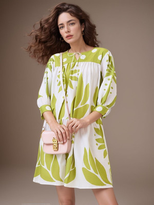 Dressberry Women Tiered Green, White Knee Length Dress