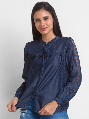 Spykar Women Solid Casual Blue Shirt