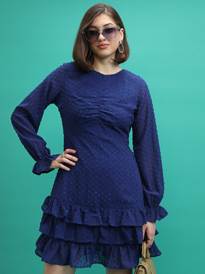 Tokyo Talkies Women Ruffled Dark Blue Above Knee/Mid Thigh Length Dress