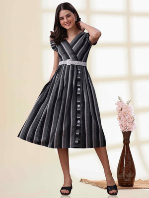 TextileNow Women Fit and Flare Black Midi/Calf Length Dress