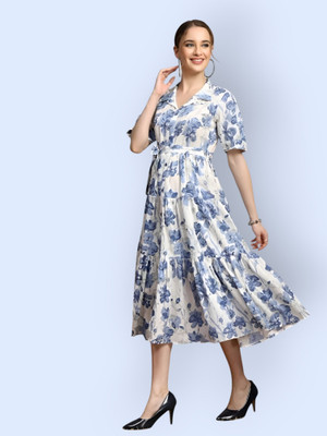 HouseOfCommon Women Fit and Flare White, Blue Below Knee Dress